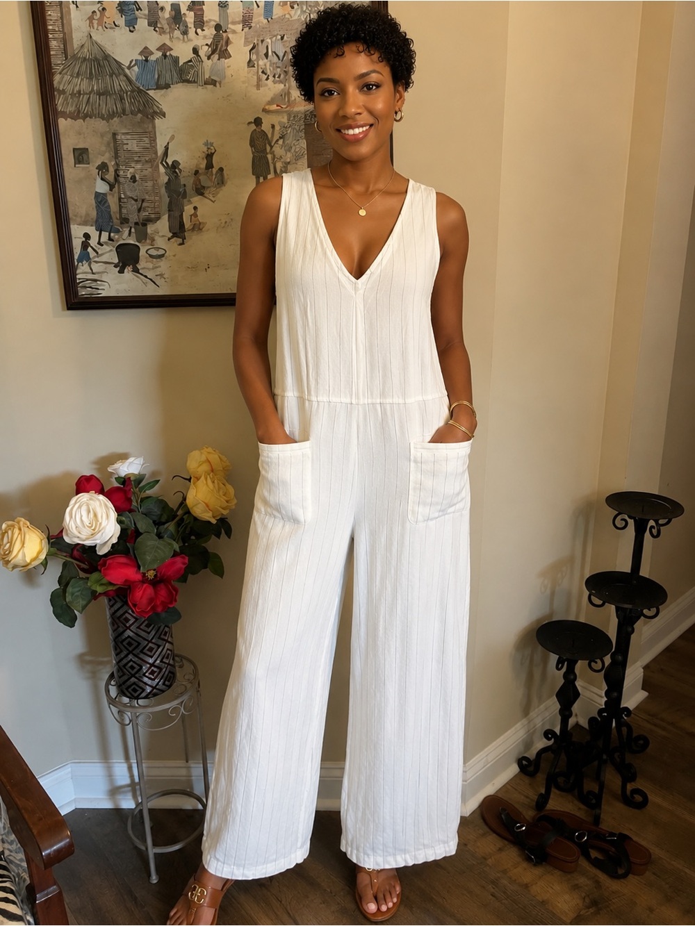 Mystree White V-Neck Wide-Leg Jumpsuit